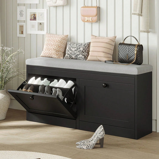 VOWNER 41.7" Storage Shoe Bench With 2 Flip-Up Drawers & Cushioned Seat, Multi-Functional Entryway Organizer For Hallway, Bedroom, Gifts For Halloween & Thanksgiving