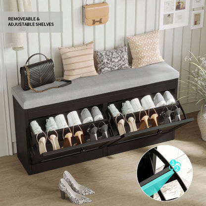 VOWNER 41.7" Storage Shoe Bench With 2 Flip-Up Drawers & Cushioned Seat, Multi-Functional Entryway Organizer For Hallway, Bedroom, Gifts For Halloween & Thanksgiving