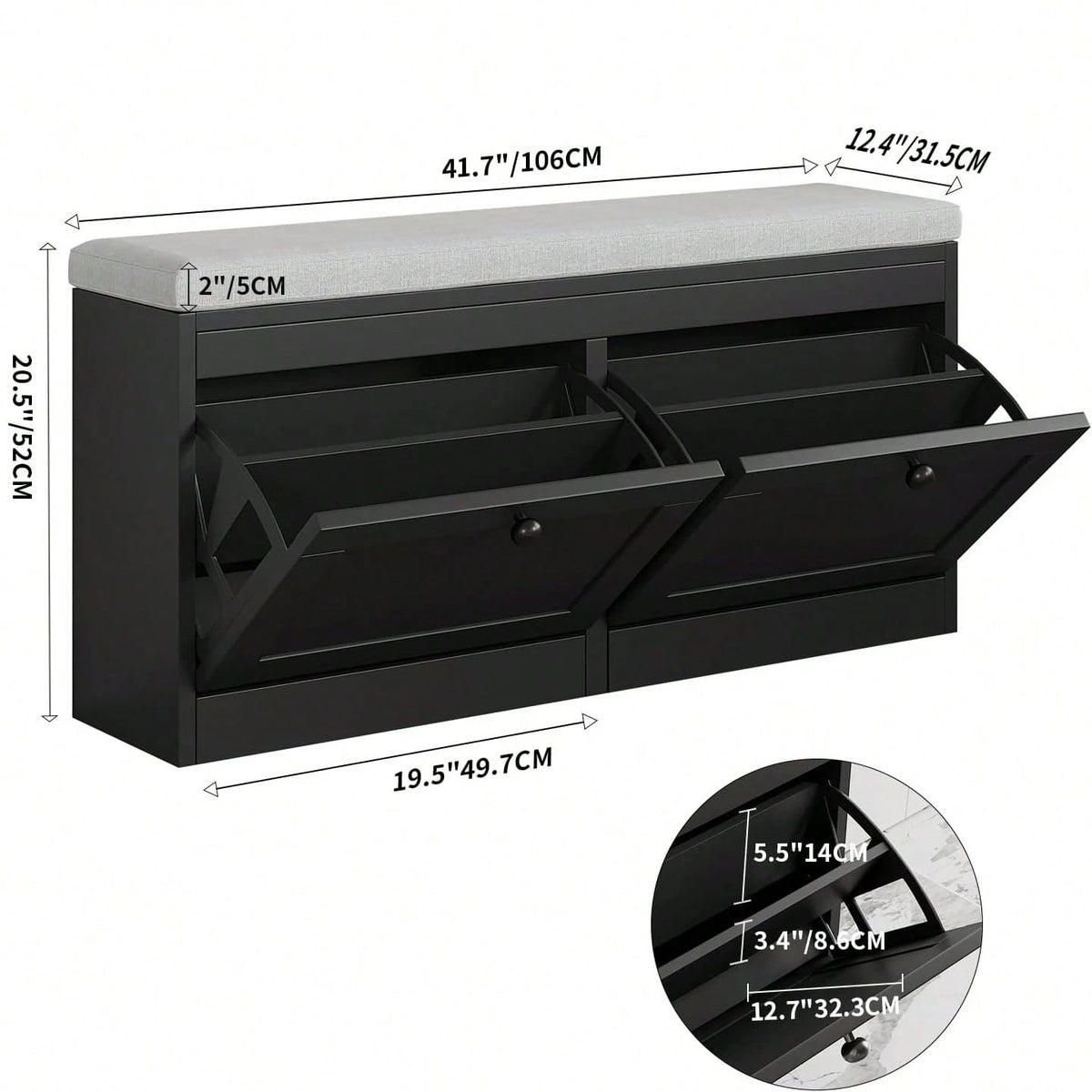 VOWNER 41.7" Storage Shoe Bench With 2 Flip-Up Drawers & Cushioned Seat, Multi-Functional Entryway Organizer For Hallway, Bedroom, Gifts For Halloween & Thanksgiving