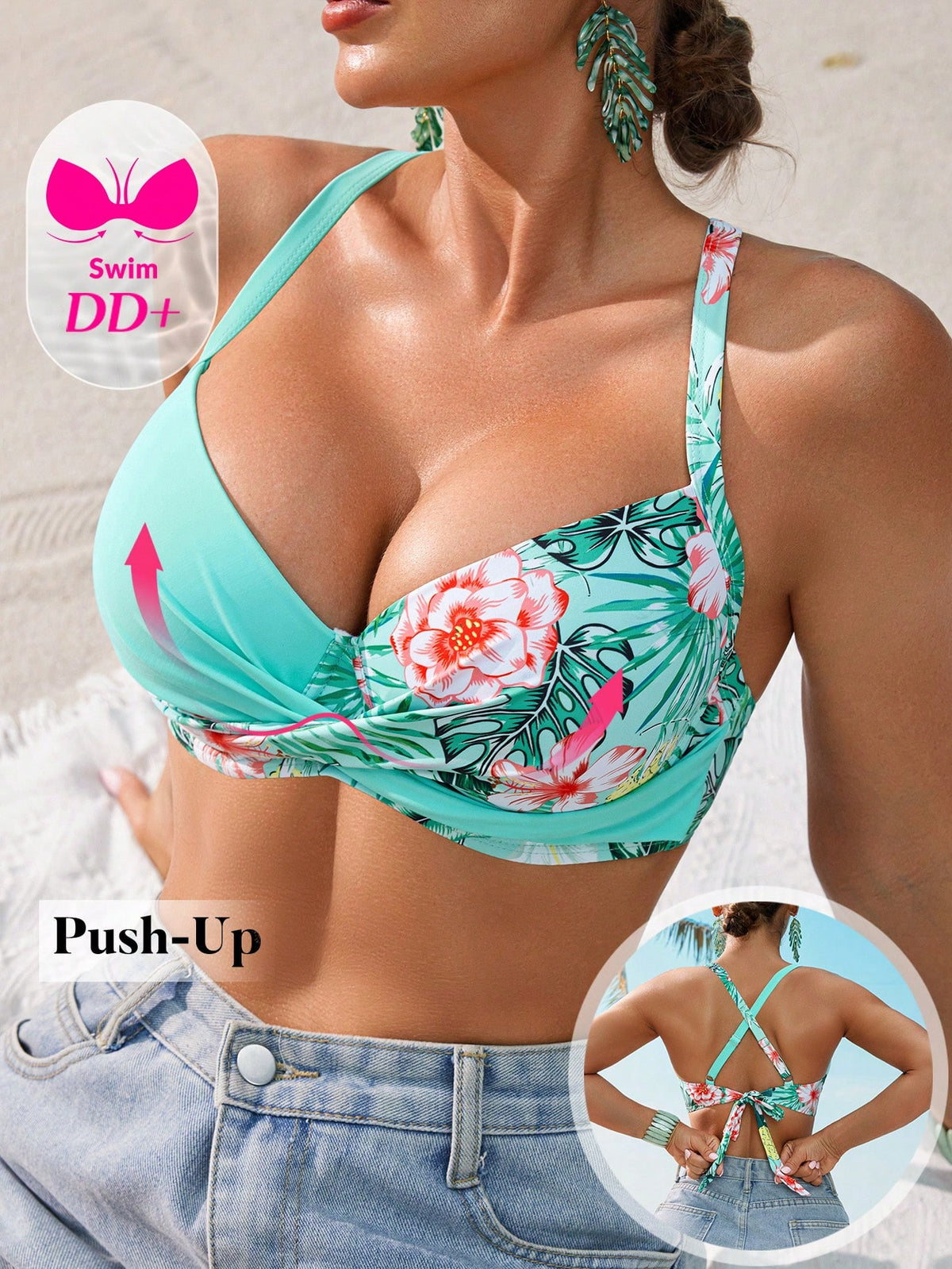 Voyashape Women's Cross Strap Back Tie Bikini Top, DD Cup Underwire Push-Up, Printed Fashionable All-Match Swimsuit Top Suitable For Vacation For Summer