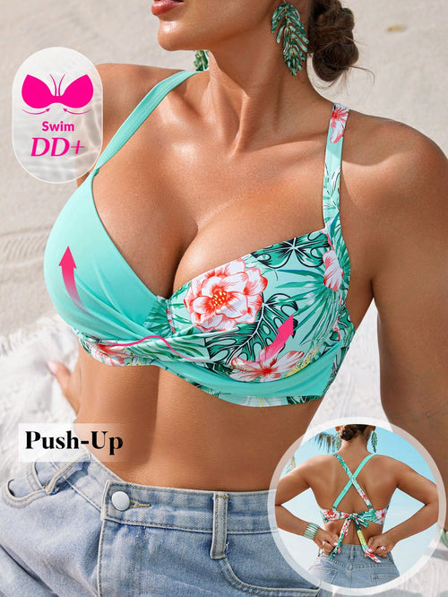Voyashape Women's Cross Strap Back Tie Bikini Top, DD Cup Underwire Push-Up, Printed Fashionable All-Match Swimsuit Top Suitable For Vacation For Summer