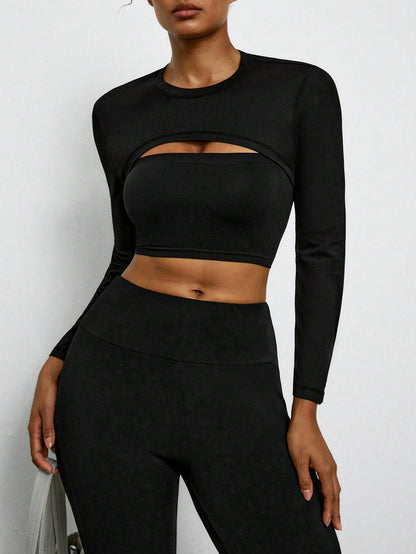 Voyena Plus Size Women Solid Color Ultra Short Fitted Long Sleeve Top, Sports T-Shirt, Sports Long Sleeve Cropped Top