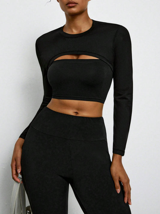 Voyena Plus Size Women Solid Color Ultra Short Fitted Long Sleeve Top, Sports T-Shirt, Sports Long Sleeve Cropped Top