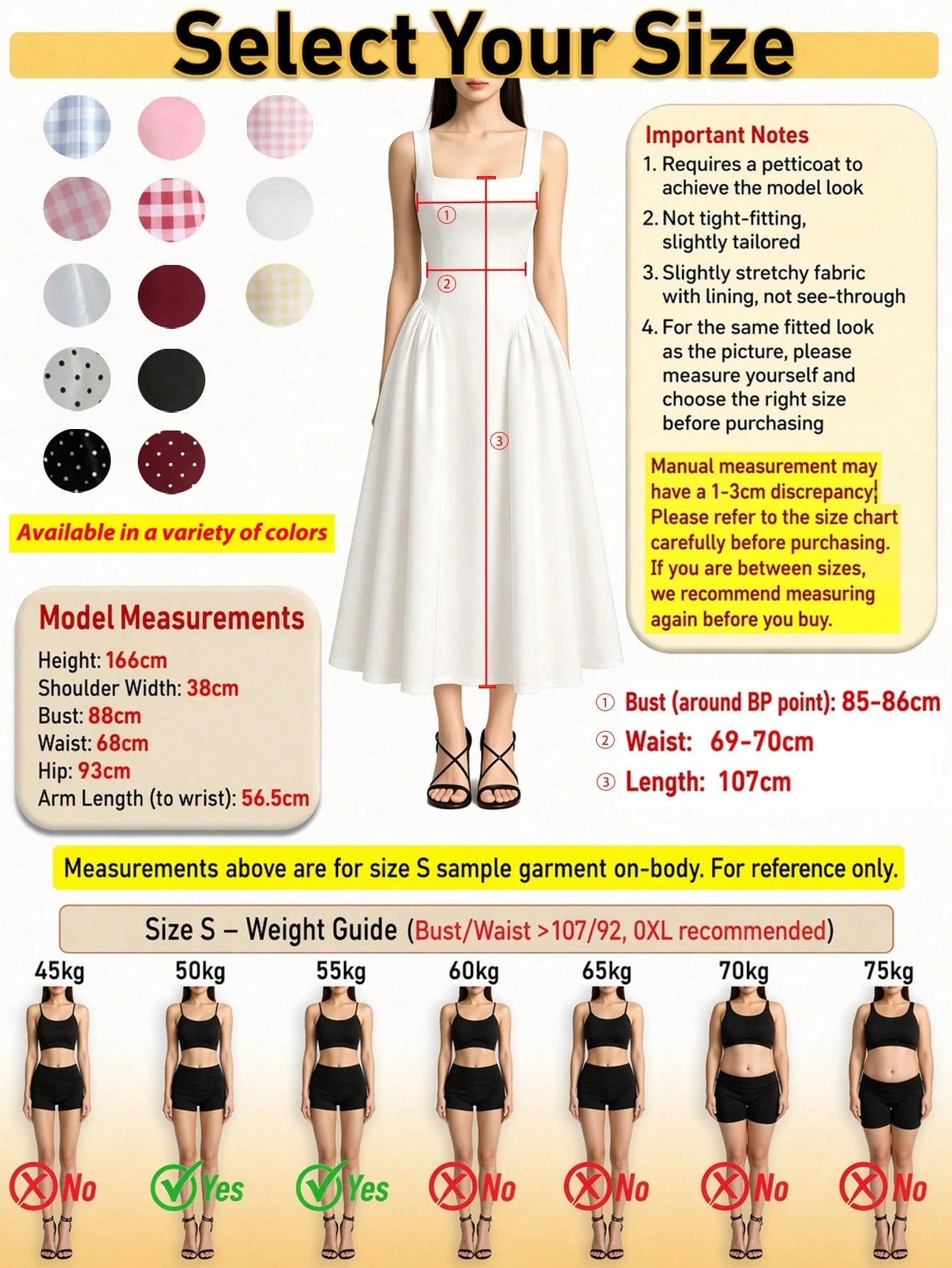 Vusalt Women's Summer French Fresh Light Yellow & White Small Plaid Square Neck Wide Strap Gathered Full Skirt Knee-Length Midi Dress