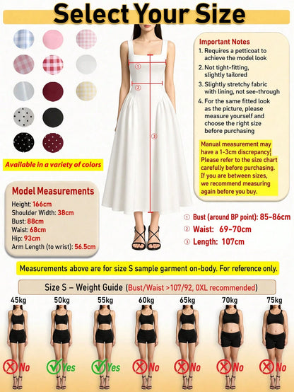 Vusalt Women's Summer French Fresh Light Yellow & White Small Plaid Square Neck Wide Strap Gathered Full Skirt Knee-Length Midi Dress