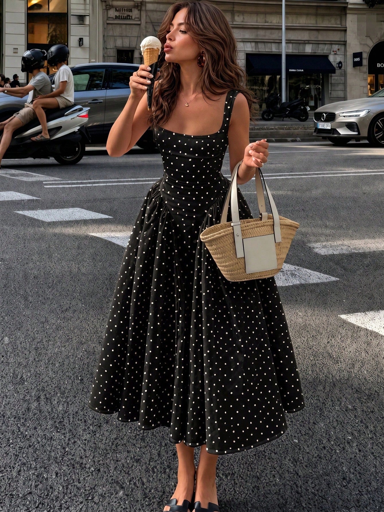 Vusalt Women's Summer French Fresh Light Yellow & White Small Plaid Square Neck Wide Strap Gathered Full Skirt Knee-Length Midi Dress