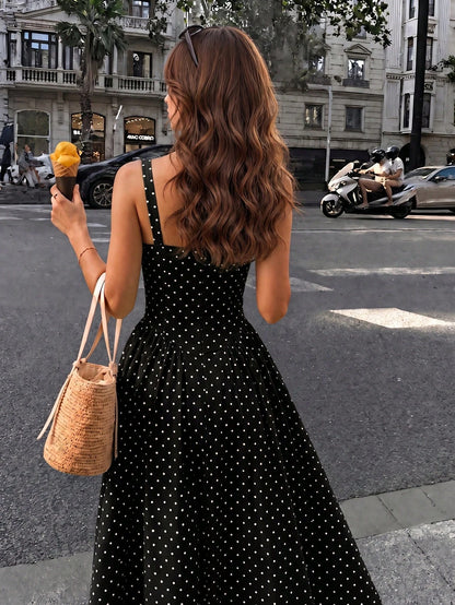 Vusalt Women's Summer French Fresh Light Yellow & White Small Plaid Square Neck Wide Strap Gathered Full Skirt Knee-Length Midi Dress