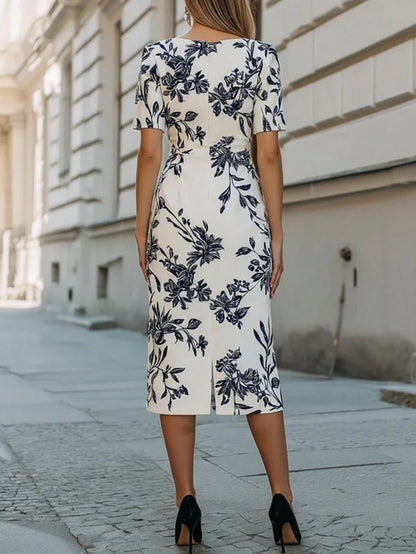 Vuslat Women's Summer New Chinese Style Ink Blue Floral Short Sleeve Waist-Cinching Bodycon Midi Dress, Cream White Background With Artistic Ink Deep Blue Branch And Leaf Floral Vintage National Style