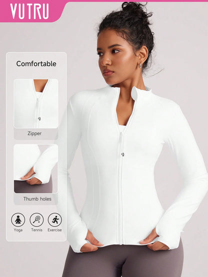 VUTRU Women's Fitted Athletic Jacket With Thumb Holes And Stand Collar White Spring Sports
