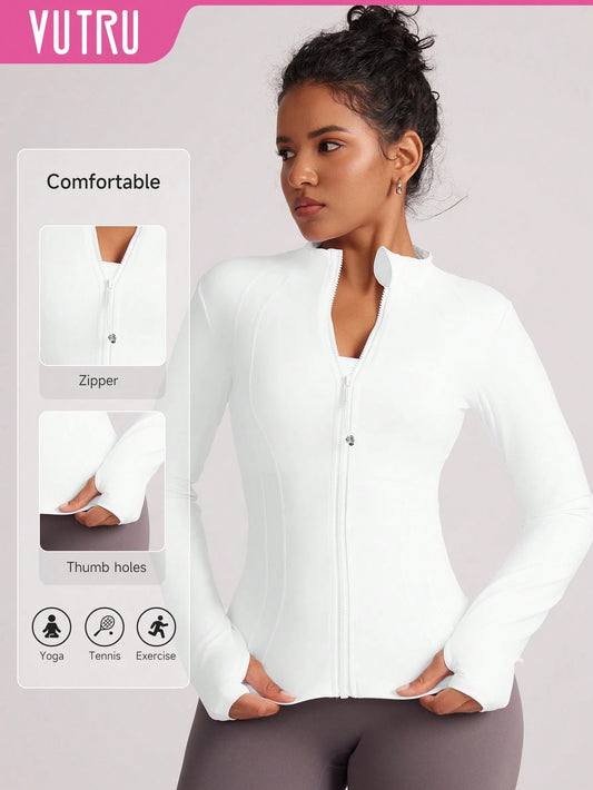 VUTRU Women's Fitted Athletic Jacket With Thumb Holes And Stand Collar White Spring Sports