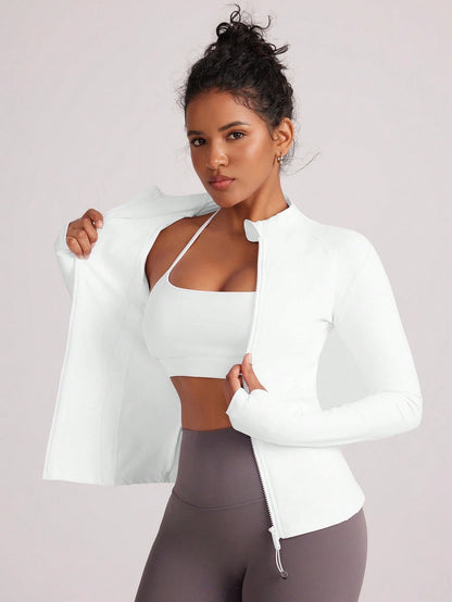 VUTRU Women's Fitted Athletic Jacket With Thumb Holes And Stand Collar White Spring Sports