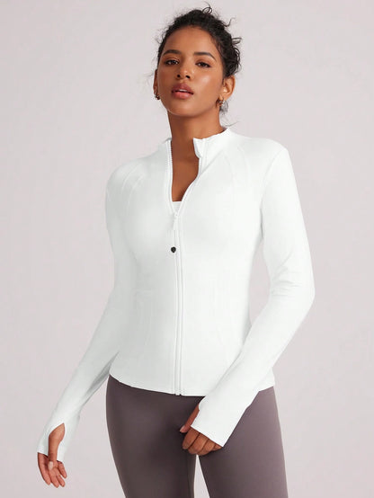 VUTRU Women's Fitted Athletic Jacket With Thumb Holes And Stand Collar White Spring Sports