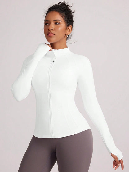 VUTRU Women's Fitted Athletic Jacket With Thumb Holes And Stand Collar White Spring Sports