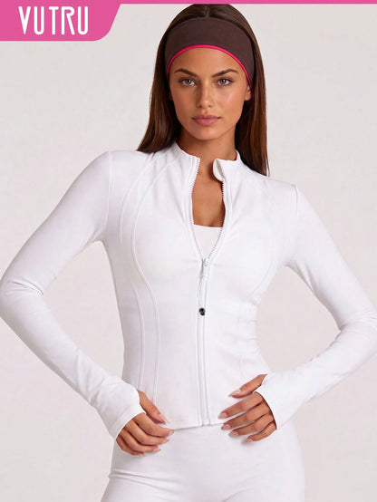 VUTRU Women's Fitted Athletic Jacket With Thumb Holes And Stand Collar White Spring Sports
