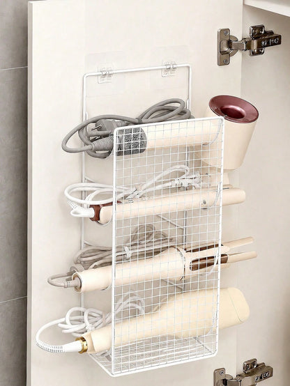 Wall-Mounted Hair Tool Storage Basket, No-Drill Bathroom Organizer Rack For Hair Dryer And Curling Iron