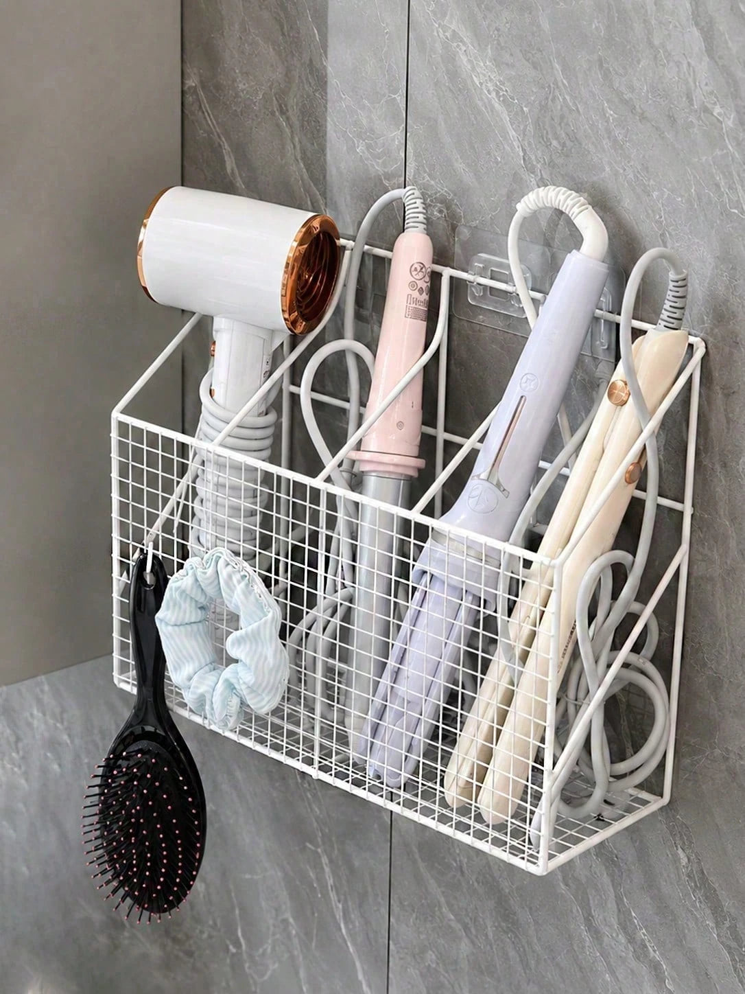 Wall-Mounted Hair Tool Storage Basket, No-Drill Bathroom Organizer Rack For Hair Dryer And Curling Iron