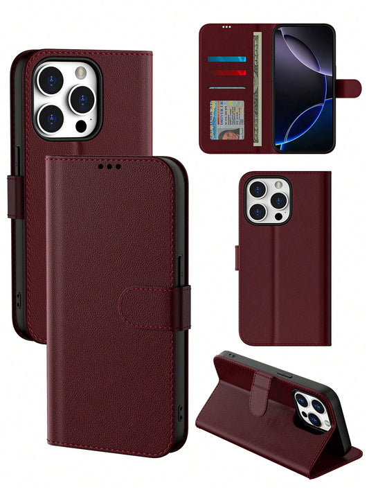 Wallet Phone Case For IPhone 16 Pro Max, Plum PU Leather Protective Cover, Compatible With Galaxy A56/A16/A55/S25 Ultra/S25 Edge (International Version), Flip Cover Protective Case (With Shockproof TP