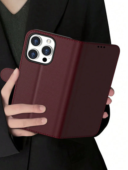 Wallet Phone Case For IPhone 16 Pro Max, Plum PU Leather Protective Cover, Compatible With Galaxy A56/A16/A55/S25 Ultra/S25 Edge (International Version), Flip Cover Protective Case (With Shockproof TP