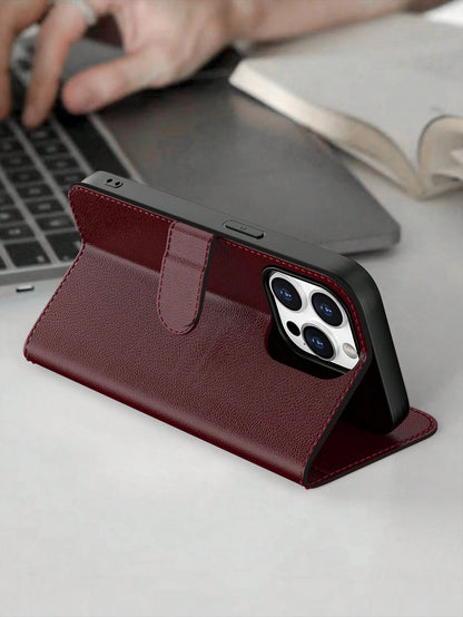 Wallet Phone Case For IPhone 16 Pro Max, Plum PU Leather Protective Cover, Compatible With Galaxy A56/A16/A55/S25 Ultra/S25 Edge (International Version), Flip Cover Protective Case (With Shockproof TP