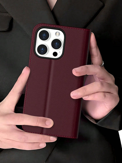 Wallet Phone Case For IPhone 16 Pro Max, Plum PU Leather Protective Cover, Compatible With Galaxy A56/A16/A55/S25 Ultra/S25 Edge (International Version), Flip Cover Protective Case (With Shockproof TP