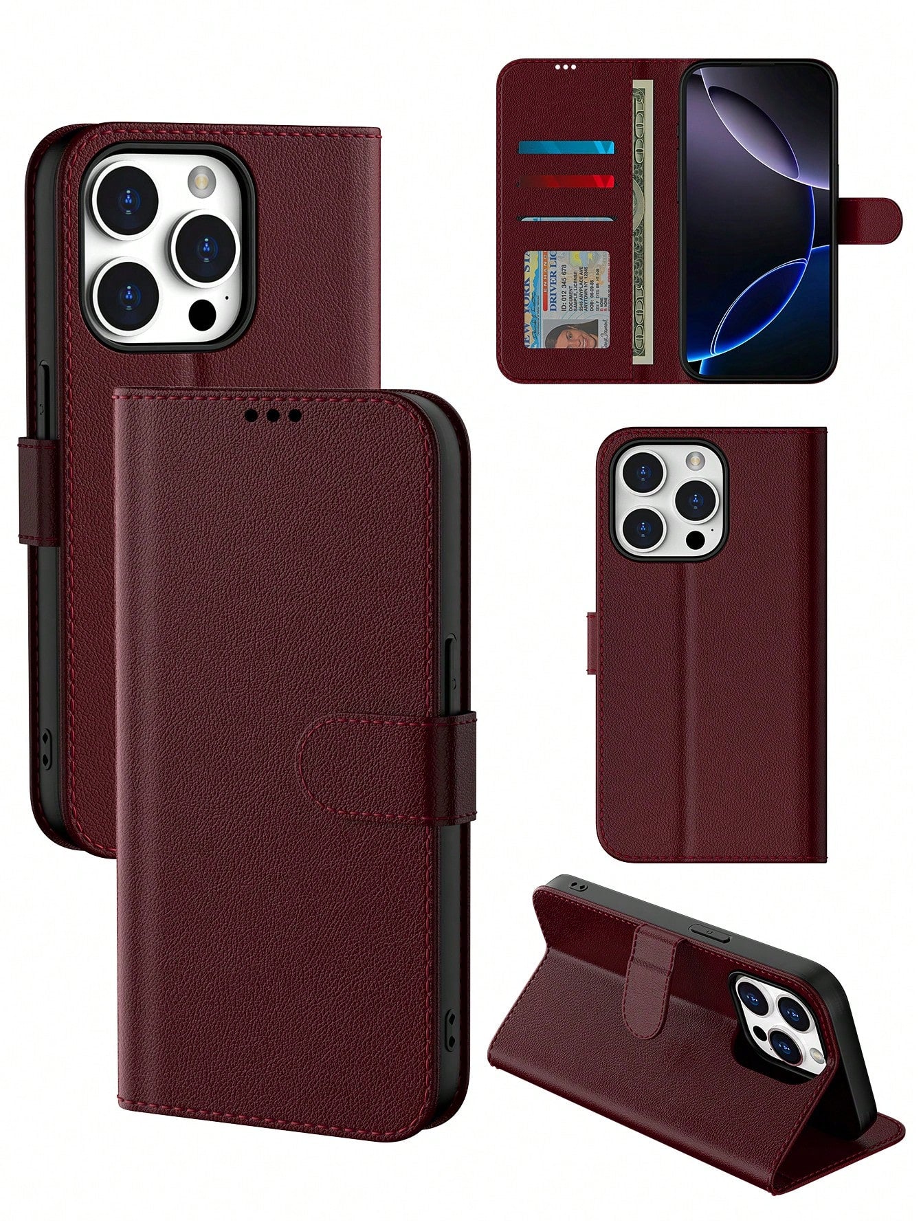 Wallet Phone Case For IPhone 16 Pro Max, Plum PU Leather Protective Cover, Compatible With Galaxy A56/A16/A55/S25 Ultra/S25 Edge (International Version), Flip Cover Protective Case (With Shockproof TP