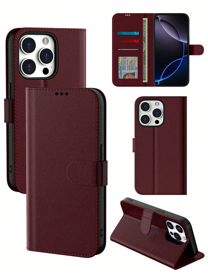 Wallet Phone Case For IPhone 16 Pro Max, Plum PU Leather Protective Cover, Compatible With Galaxy A56/A16/A55/S25 Ultra/S25 Edge (International Version), Flip Cover Protective Case (With Shockproof TP