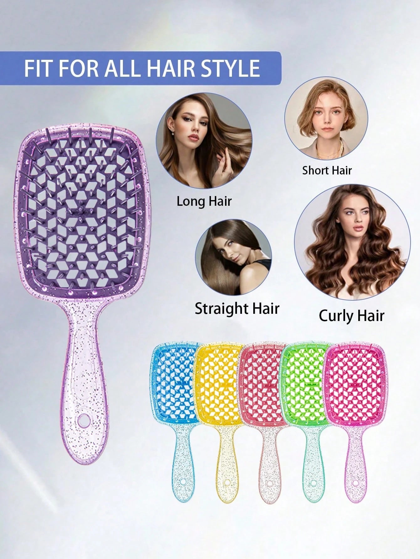 WANMEI Transparent Glitter Hollow Hair Comb- Women/Girls Shiny Detangling Comb, Glossy Anti-Static Lightweight Brush For Thick/Curly/Fine Hair, Shiny Portable Haircare Tool, Effectively Controls Friz