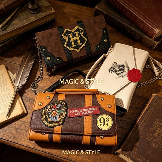 Warner Bros. (WB) Harry Potter Series Leather Long Wallet, Shoulder Bag, Crossbody Bag, Handbag, "H" Letter Emblem And Brown Brand Logo Pattern. Equipped With Detachable Shoulder Strap, Dual Buckle An