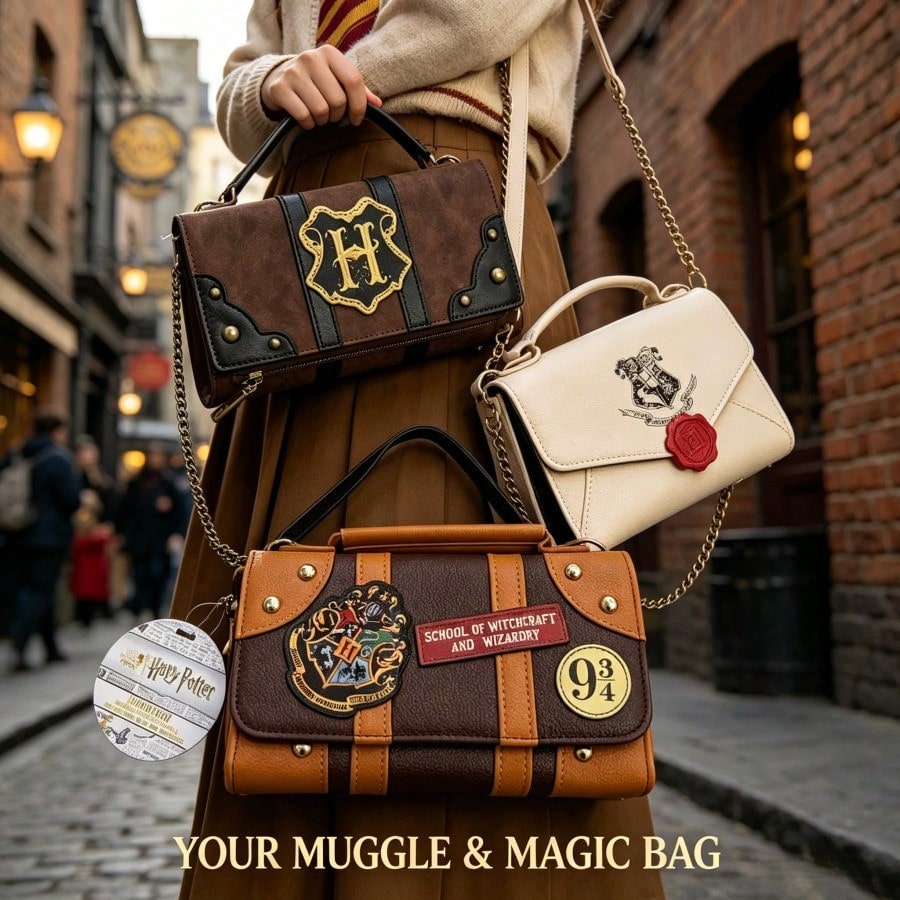 Warner Bros. (WB) Harry Potter Series Leather Long Wallet, Shoulder Bag, Crossbody Bag, Handbag, "H" Letter Emblem And Brown Brand Logo Pattern. Equipped With Detachable Shoulder Strap, Dual Buckle An