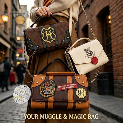 Warner Bros. (WB) Harry Potter Series Leather Long Wallet, Shoulder Bag, Crossbody Bag, Handbag, "H" Letter Emblem And Brown Brand Logo Pattern. Equipped With Detachable Shoulder Strap, Dual Buckle An