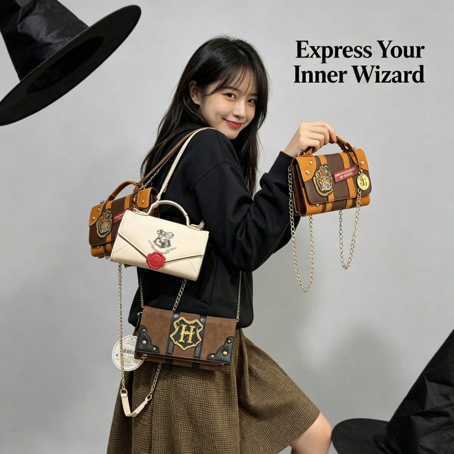 Warner Bros. (WB) Harry Potter Series Leather Long Wallet, Shoulder Bag, Crossbody Bag, Handbag, "H" Letter Emblem And Brown Brand Logo Pattern. Equipped With Detachable Shoulder Strap, Dual Buckle An