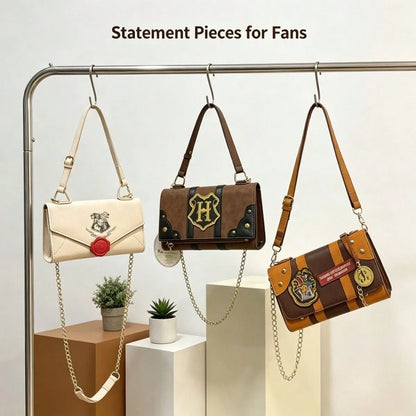 Warner Bros. (WB) Harry Potter Series Leather Long Wallet, Shoulder Bag, Crossbody Bag, Handbag, "H" Letter Emblem And Brown Brand Logo Pattern. Equipped With Detachable Shoulder Strap, Dual Buckle An