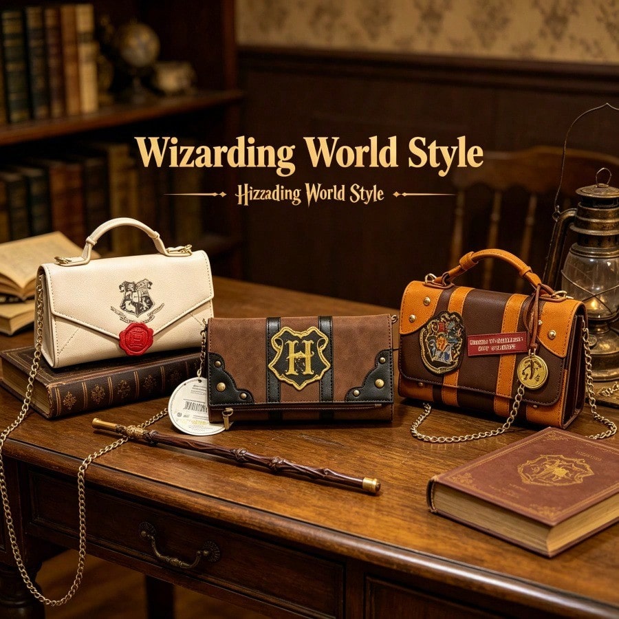 Warner Bros. (WB) Harry Potter Series Leather Long Wallet, Shoulder Bag, Crossbody Bag, Handbag, "H" Letter Emblem And Brown Brand Logo Pattern. Equipped With Detachable Shoulder Strap, Dual Buckle An