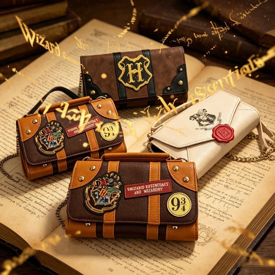 Warner Bros. (WB) Harry Potter Series Leather Long Wallet, Shoulder Bag, Crossbody Bag, Handbag, "H" Letter Emblem And Brown Brand Logo Pattern. Equipped With Detachable Shoulder Strap, Dual Buckle An