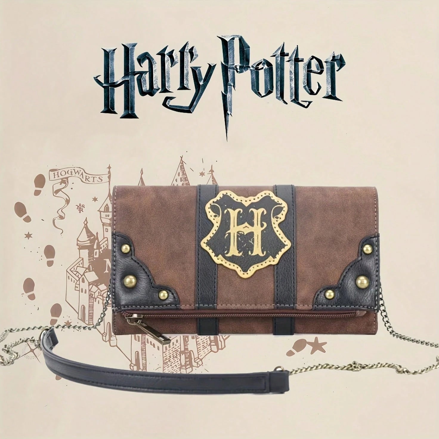 Warner Bros. (WB) Harry Potter Series Leather Long Wallet, Shoulder Bag, Crossbody Bag, Handbag, "H" Letter Emblem And Brown Brand Logo Pattern. Equipped With Detachable Shoulder Strap, Dual Buckle An