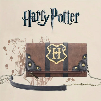 Warner Bros. (WB) Harry Potter Series Leather Long Wallet, Shoulder Bag, Crossbody Bag, Handbag, "H" Letter Emblem And Brown Brand Logo Pattern. Equipped With Detachable Shoulder Strap, Dual Buckle An