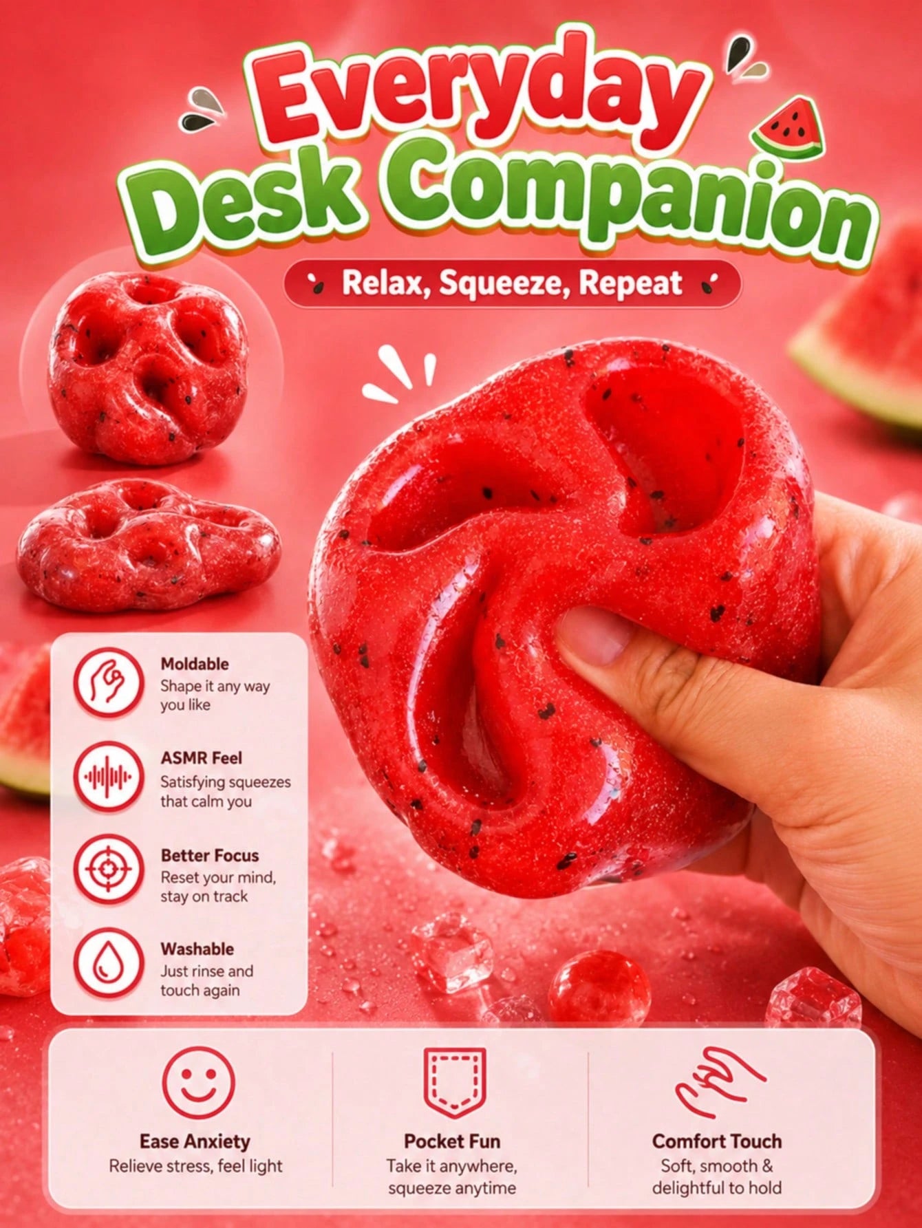 Watermelon Squeeze Toy, Crunchy Texture Stress Relief Fidget Toy, ASMR & ADHD Sensory Toy For Kids, Teens & Adult Women, Party Gift, Christmas Gift, Halloween Gift, Office Decor & Accessories