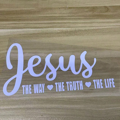 Waterproof White Vinyl Jesus The Way The Truth The Life Sticker, Heart Accent Christian Bible Verse Self-Adhesive Decal Fit Car Rear Window, Tumbler
