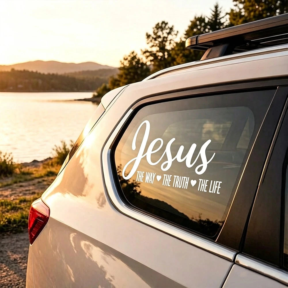 Waterproof White Vinyl Jesus The Way The Truth The Life Sticker, Heart Accent Christian Bible Verse Self-Adhesive Decal Fit Car Rear Window, Tumbler