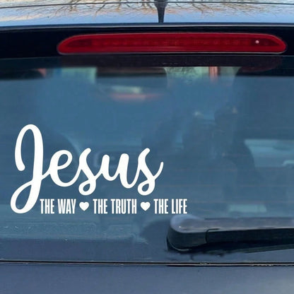 Waterproof White Vinyl Jesus The Way The Truth The Life Sticker, Heart Accent Christian Bible Verse Self-Adhesive Decal Fit Car Rear Window, Tumbler