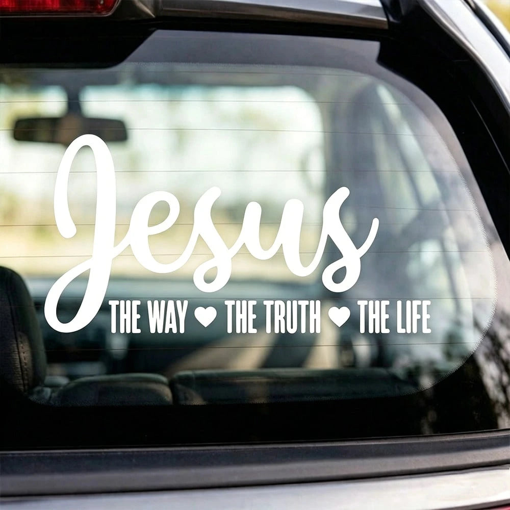 Waterproof White Vinyl Jesus The Way The Truth The Life Sticker, Heart Accent Christian Bible Verse Self-Adhesive Decal Fit Car Rear Window, Tumbler