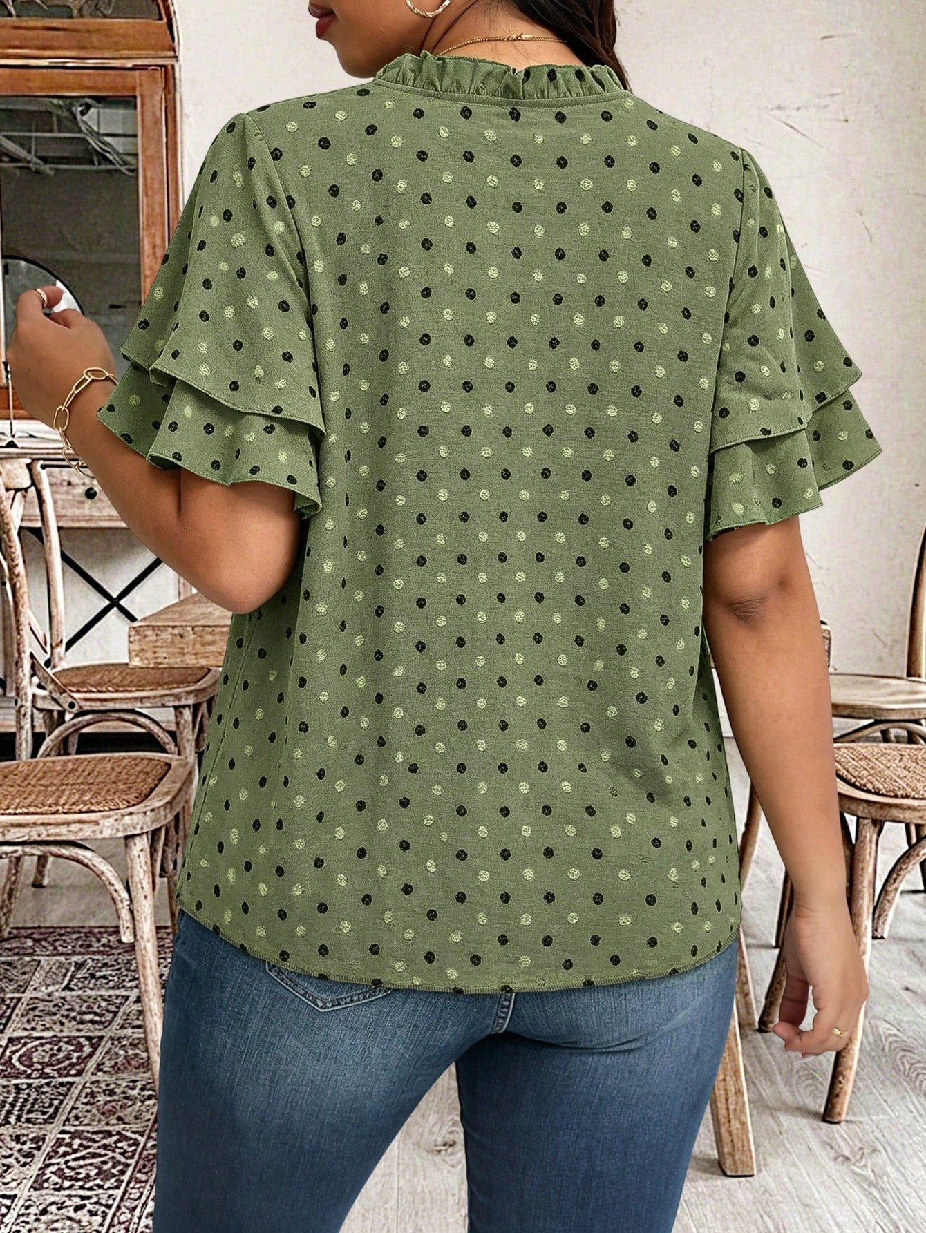 Weeklong Plus Size V-Neck Ruffle Sleeve Patchwork Pleated Loose Blouse, Slimming Spring/Summer Casual Wear For Women