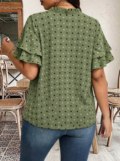Weeklong Plus Size V-Neck Ruffle Sleeve Patchwork Pleated Loose Blouse, Slimming Spring/Summer Casual Wear For Women