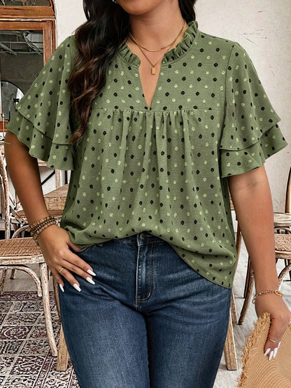 Weeklong Plus Size V-Neck Ruffle Sleeve Patchwork Pleated Loose Blouse, Slimming Spring/Summer Casual Wear For Women