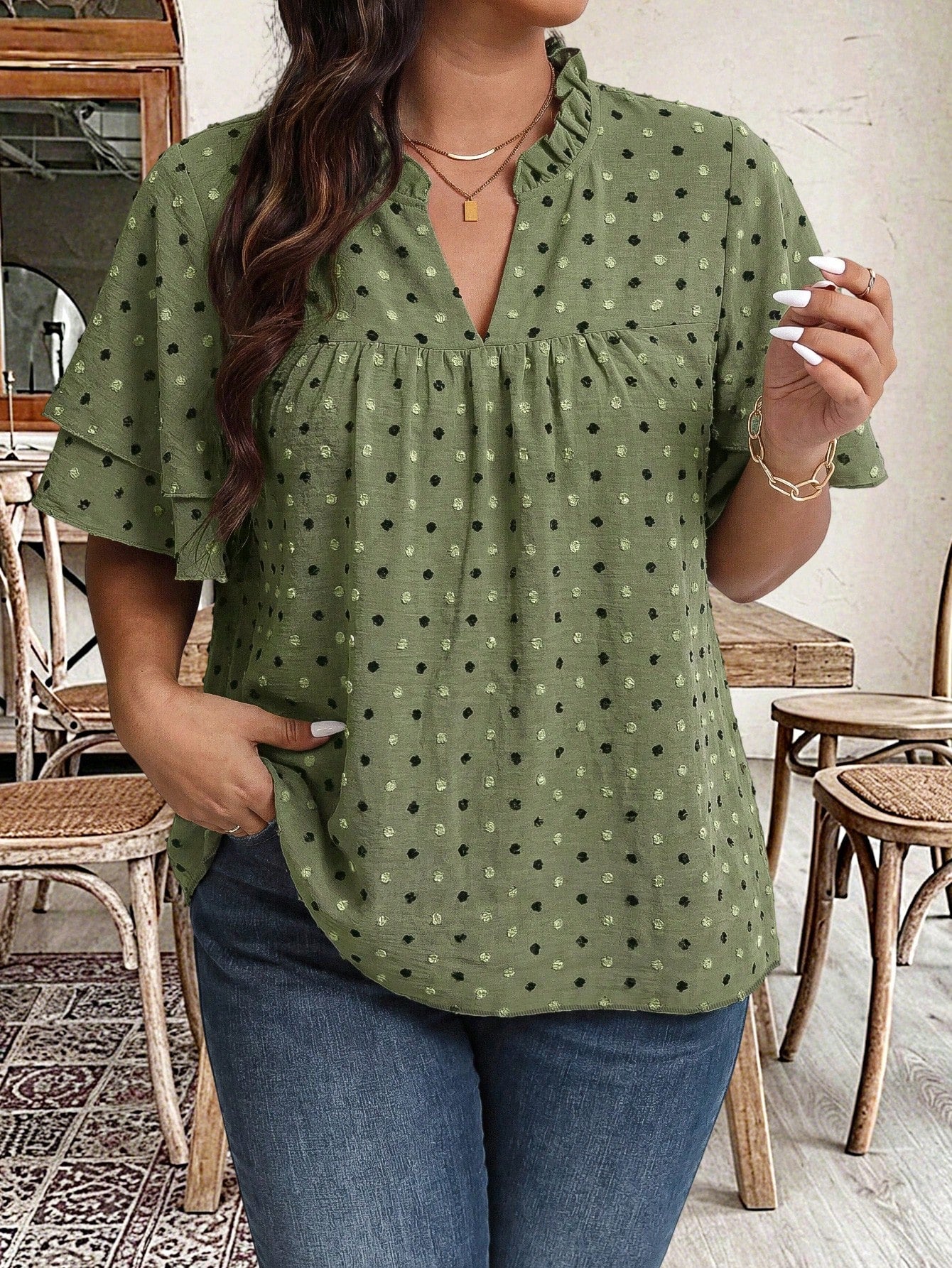Weeklong Plus Size V-Neck Ruffle Sleeve Patchwork Pleated Loose Blouse, Slimming Spring/Summer Casual Wear For Women