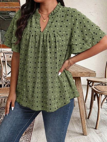 Weeklong Plus Size V-Neck Ruffle Sleeve Patchwork Pleated Loose Blouse, Slimming Spring/Summer Casual Wear For Women