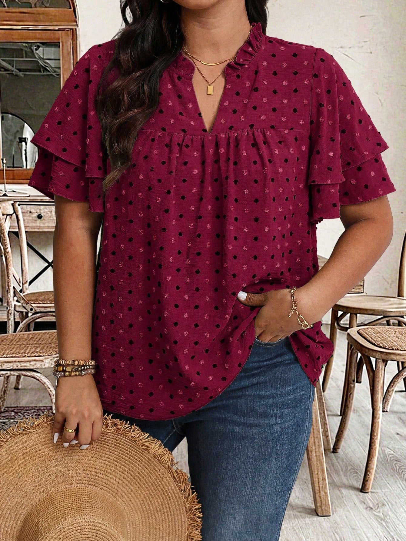 Weeklong Plus Size V-Neck Ruffle Sleeve Patchwork Pleated Loose Blouse, Slimming Spring/Summer Casual Wear For Women