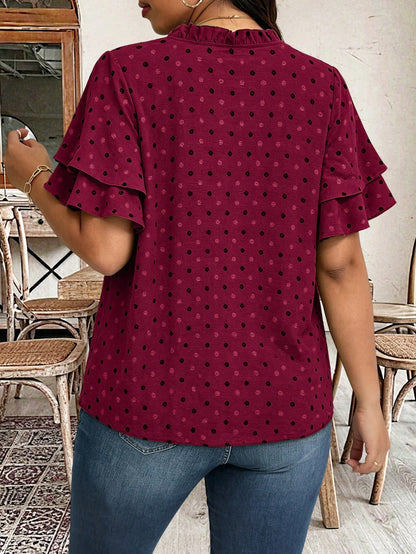 Weeklong Plus Size V-Neck Ruffle Sleeve Patchwork Pleated Loose Blouse, Slimming Spring/Summer Casual Wear For Women