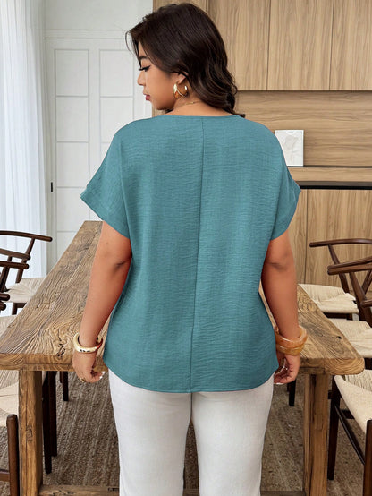 Weeklong Plus Size Women's Casual Pleated Round Neck Loose Dolman Sleeve Blouse, Suitable For Daily Wear And Vacation Chic