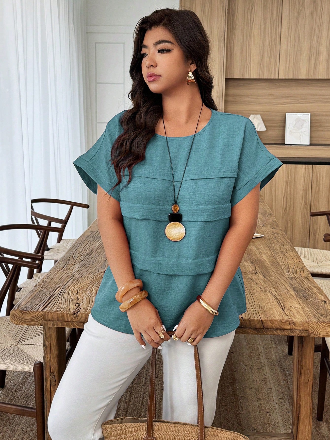 Weeklong Plus Size Women's Casual Pleated Round Neck Loose Dolman Sleeve Blouse, Suitable For Daily Wear And Vacation Chic